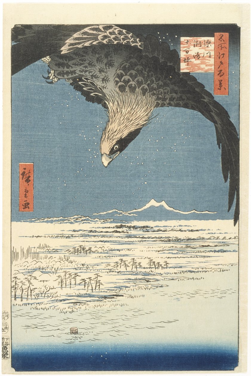 Susaki and the Jmantsubo Plain nær Fukagawa fra Series One Hundred Famous Views of Edo, 1857 (farget treblokktrykk) av Utagawa Hiroshige