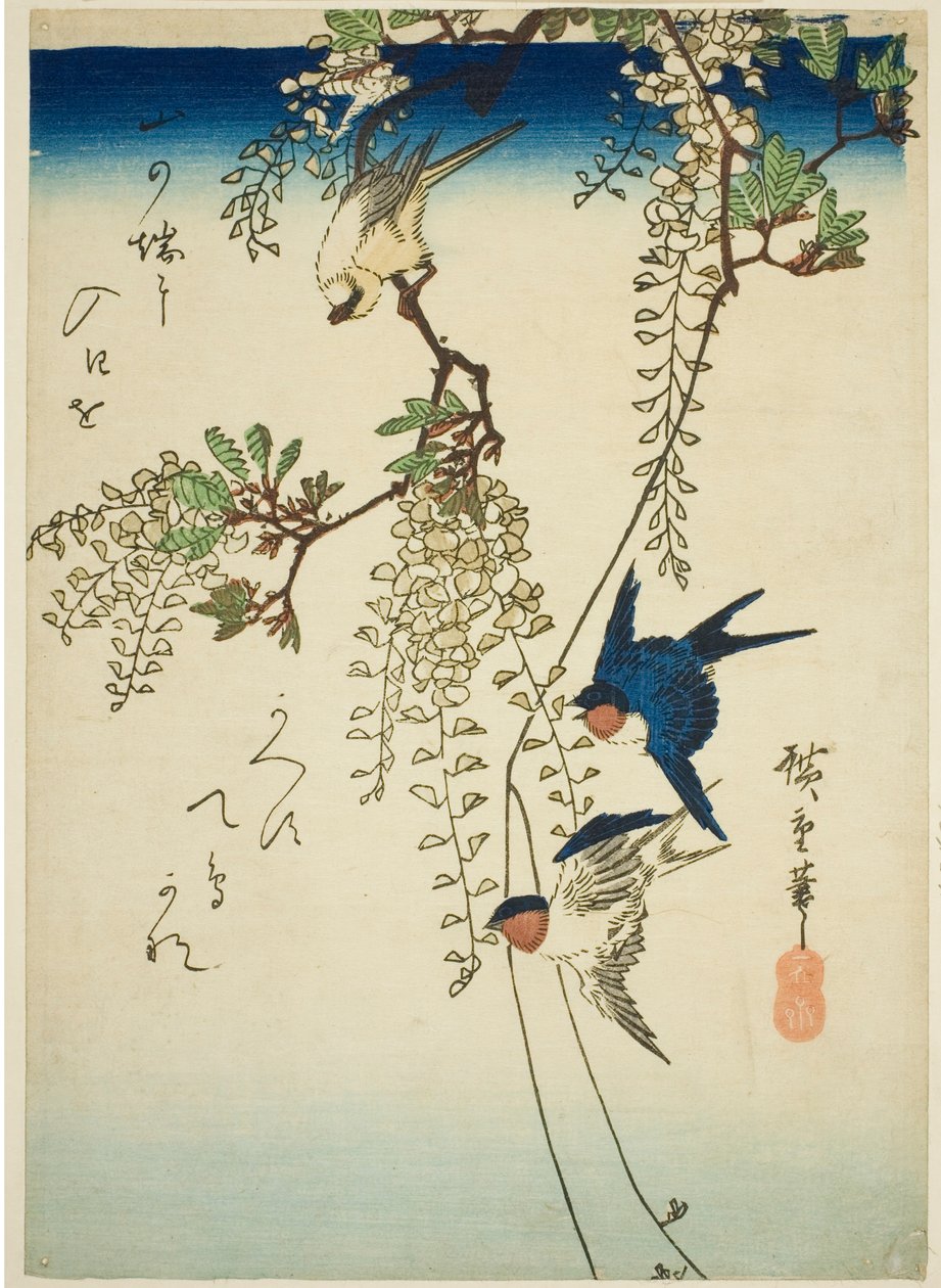 Svale, gul fugl og blåregn av Utagawa Hiroshige