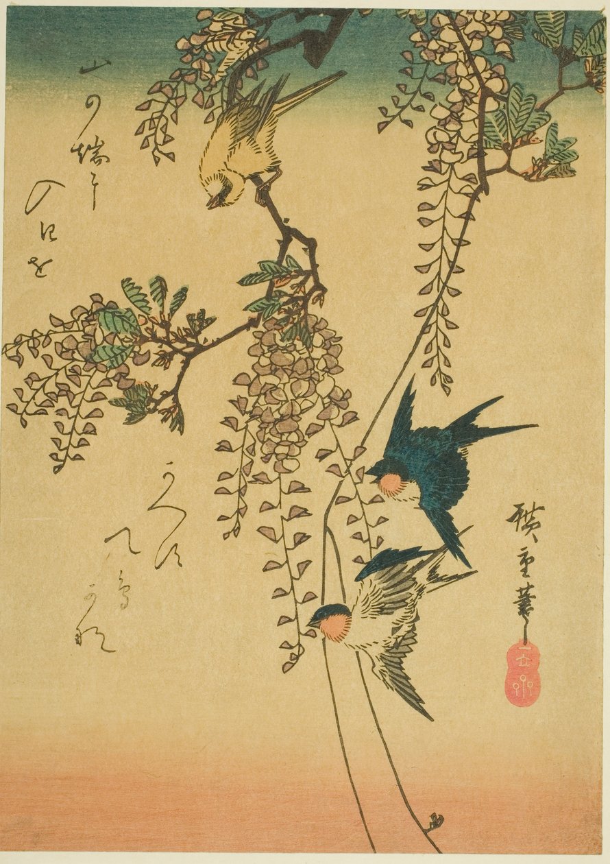 Svale, gul fugl og blåregn av Utagawa Hiroshige
