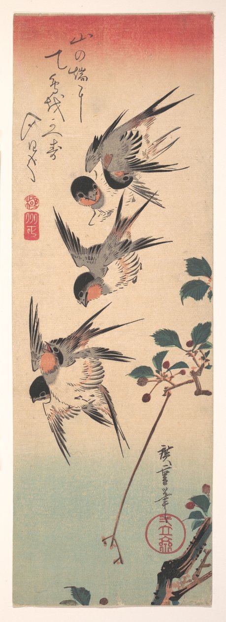 Schwalben und blühende Wildkirsche av Utagawa Hiroshige