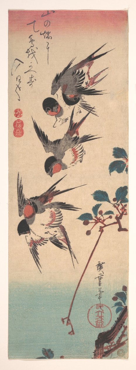Schwalben und Wildkirsche av Utagawa Hiroshige