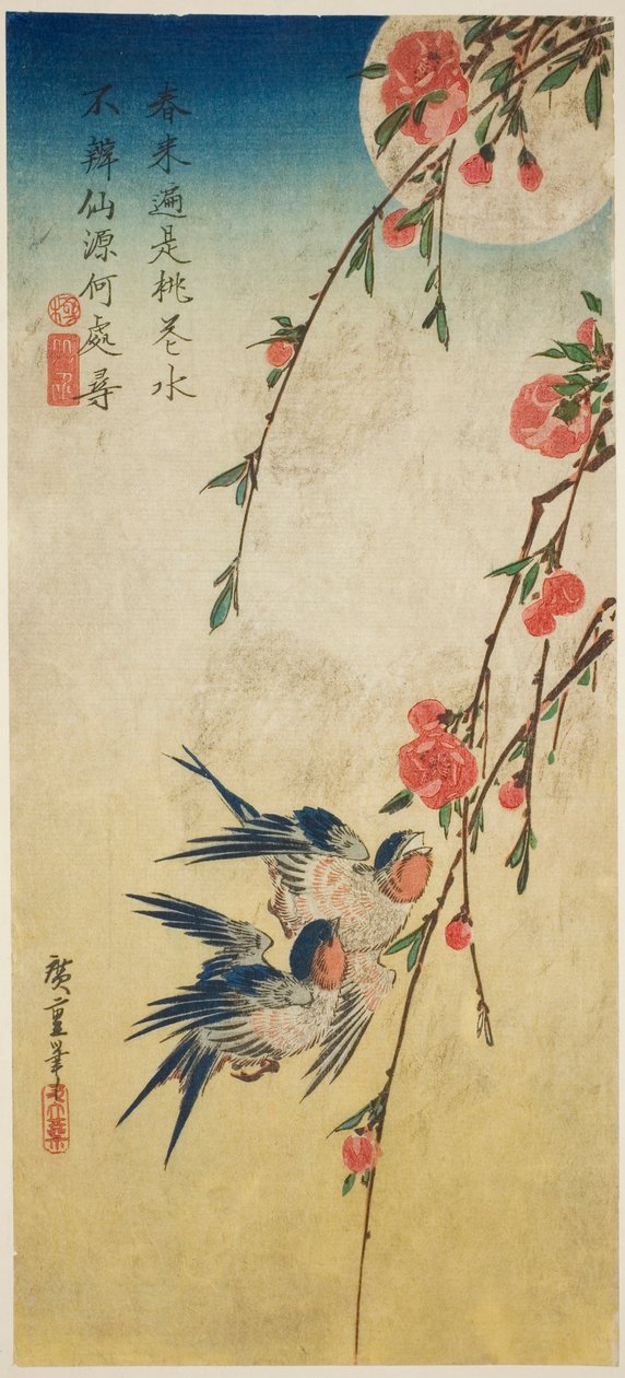 Svaler, pleach-blomster og fullmåne av Utagawa Hiroshige