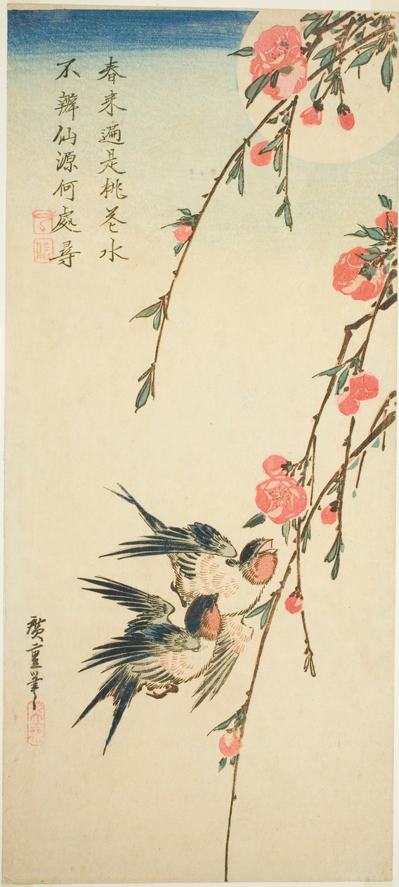 Svaler, pleach-blomster og fullmåne av Utagawa Hiroshige