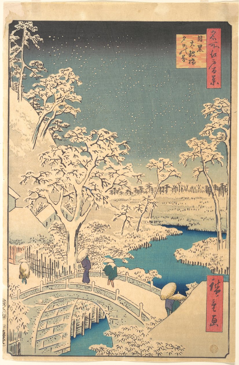 Taiko-broen, Meguro, på en snørik kveld av Utagawa Hiroshige