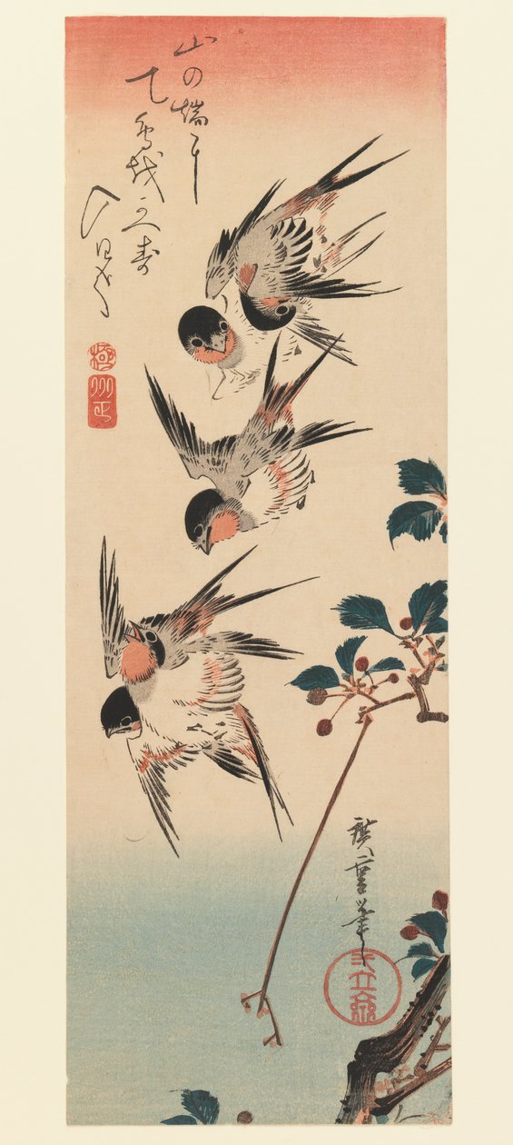 Tanzaku, Fire svaler, 1832 (farget treblokktrykk) av Utagawa Hiroshige