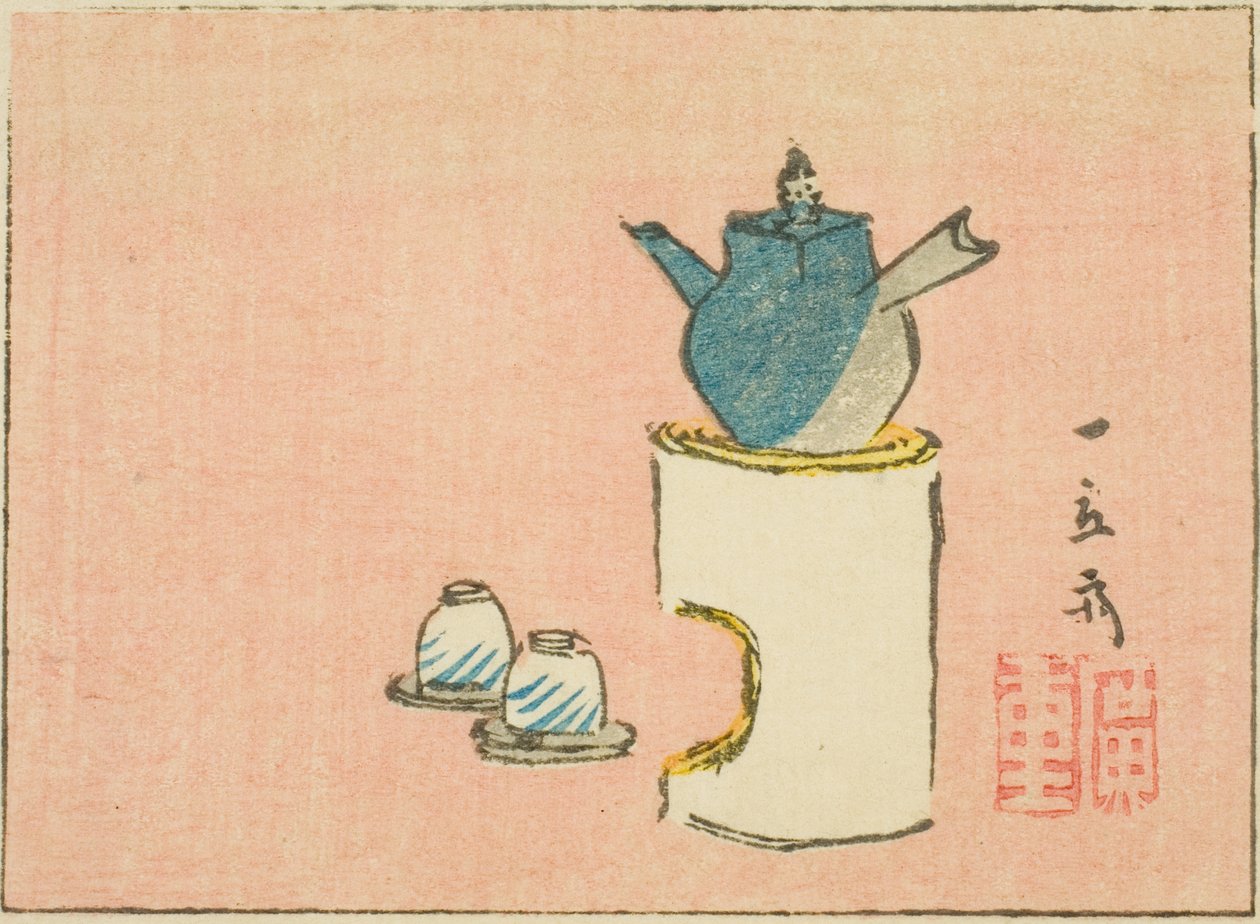 Tekanne og kopper, del av et ark fra en serie med harimaze-trykk uten tittel av Utagawa Hiroshige