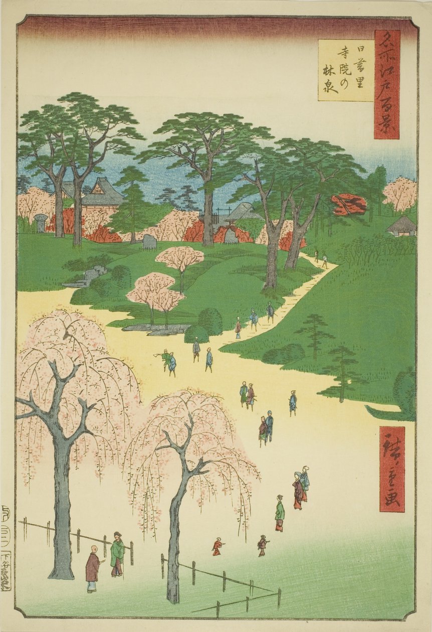 Temple Gardens in Nippori (Nippori jiin no rinsen), fra serien "One Hundred Famous Views of Edo (Meisho Edo hyakkei)" av Utagawa Hiroshige