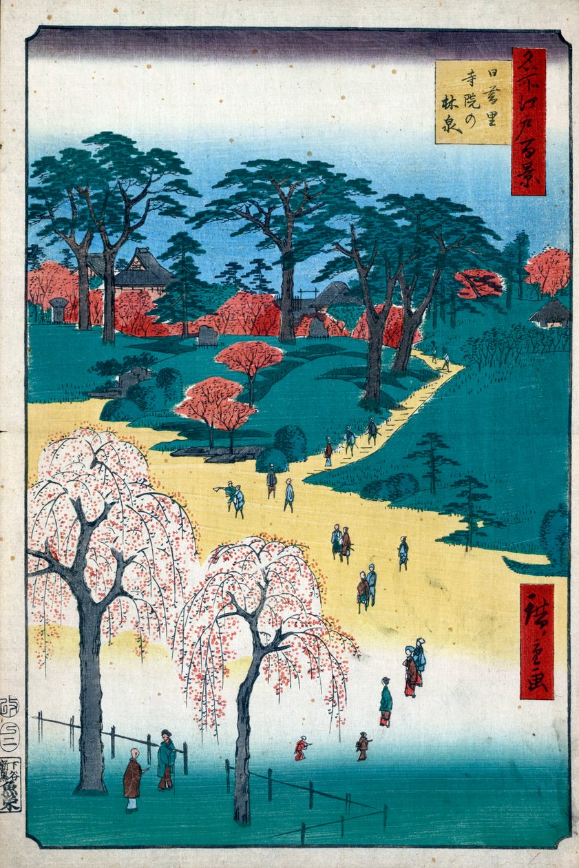 Temple Gardens i Nippori Hundred berømte utsikt over Edo, 1856-1858. av Utagawa Hiroshige