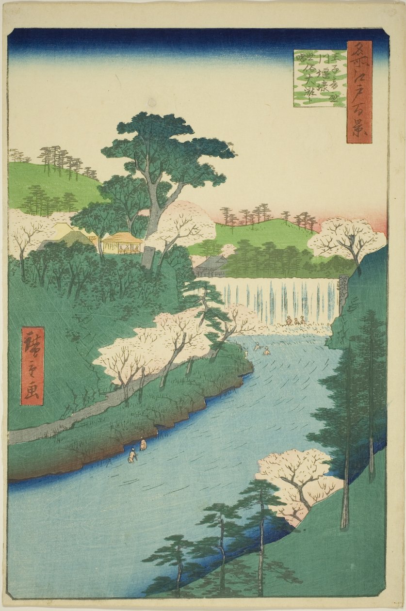 Demningen ved Otonashi-elven ved Oji, ofte kalt "Den store fossen" (Oji Otonashigawa entai, sezoku Otaki til tonau), fra serien "One Hundred Famous Views of Edo (Meisho Edo hyakkei)" av Utagawa Hiroshige