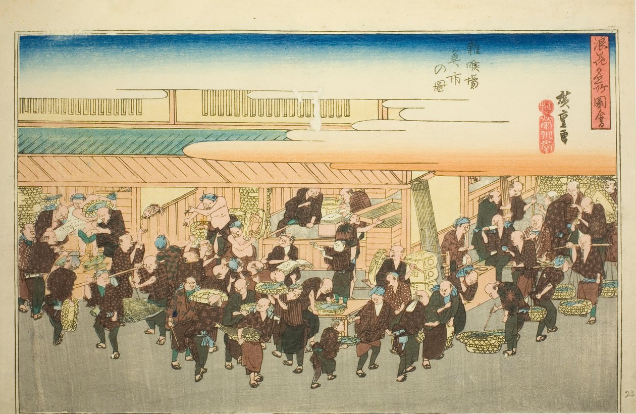 Fiskemarkedet i Zakoba (Zakoba uoichi no zu), fra serien "Famous Views of Osaka (Naniwa meisho zue)" av Utagawa Hiroshige