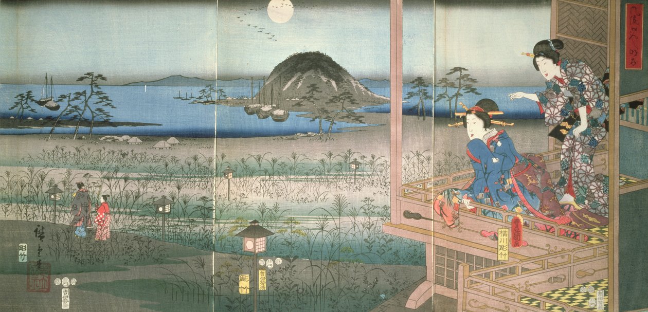 Lady Fujitsubo ser på prins Genji som drar i måneskinnet, 1853, (farget treblokktrykk) av Utagawa Hiroshige