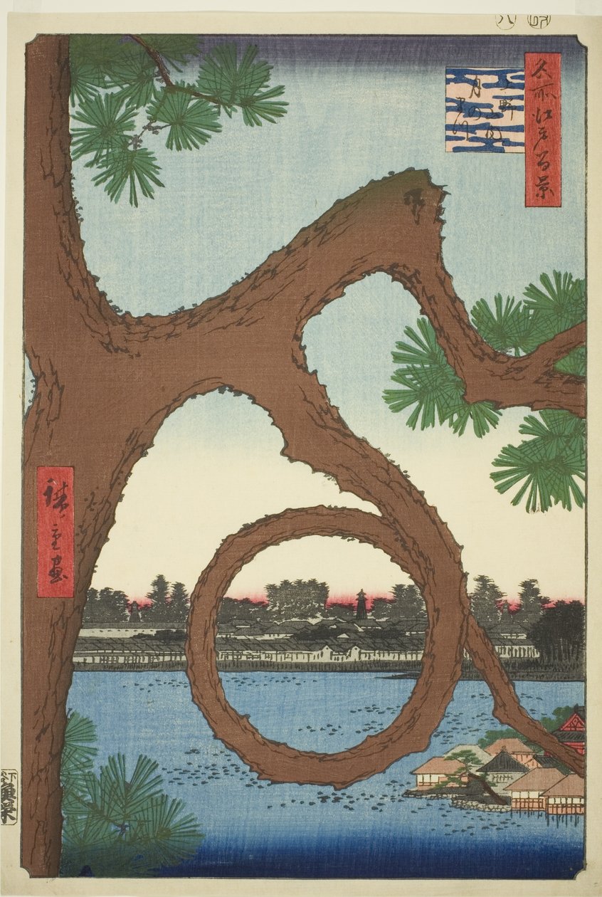 The Moon Pine on the Temple Grounds at Ueno (Ueno sannai Tsuki no matsu), fra serien "One Hundred Famous Views of Edo (Meisho Edo hyakkei)" av Utagawa Hiroshige