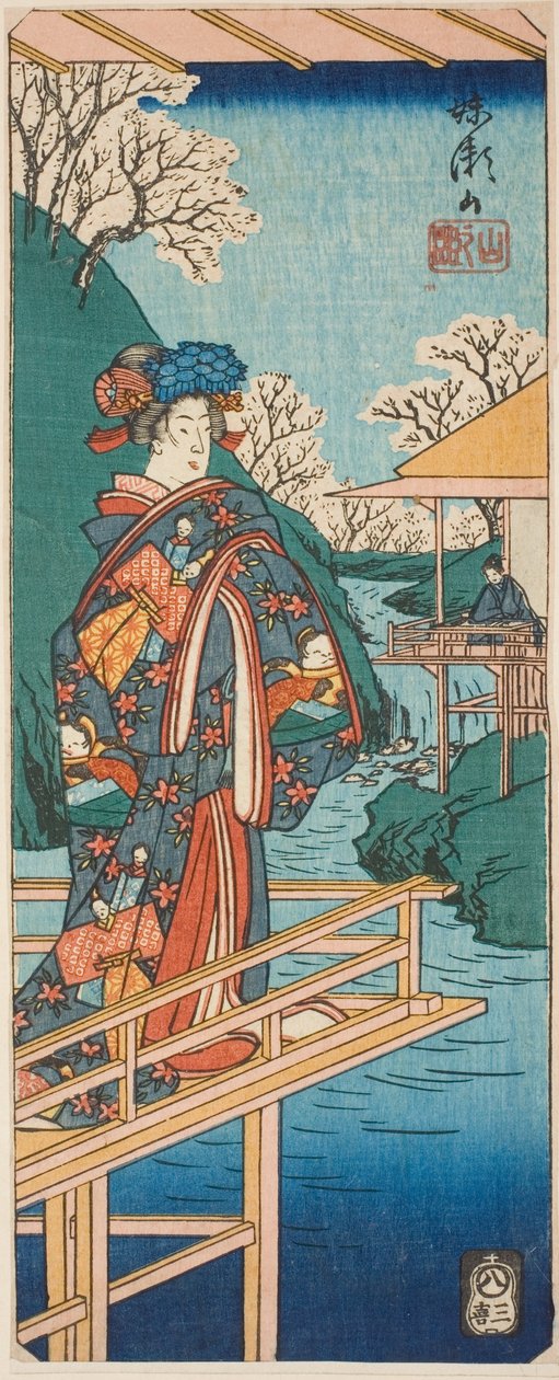 Fjellscenen fra stykket Imoseyama (Imoseyama, yama no dan), del av et ark fra serien "Reflections of Dramas in Cutouts (Harimaze joruri kagami)" av Utagawa Hiroshige