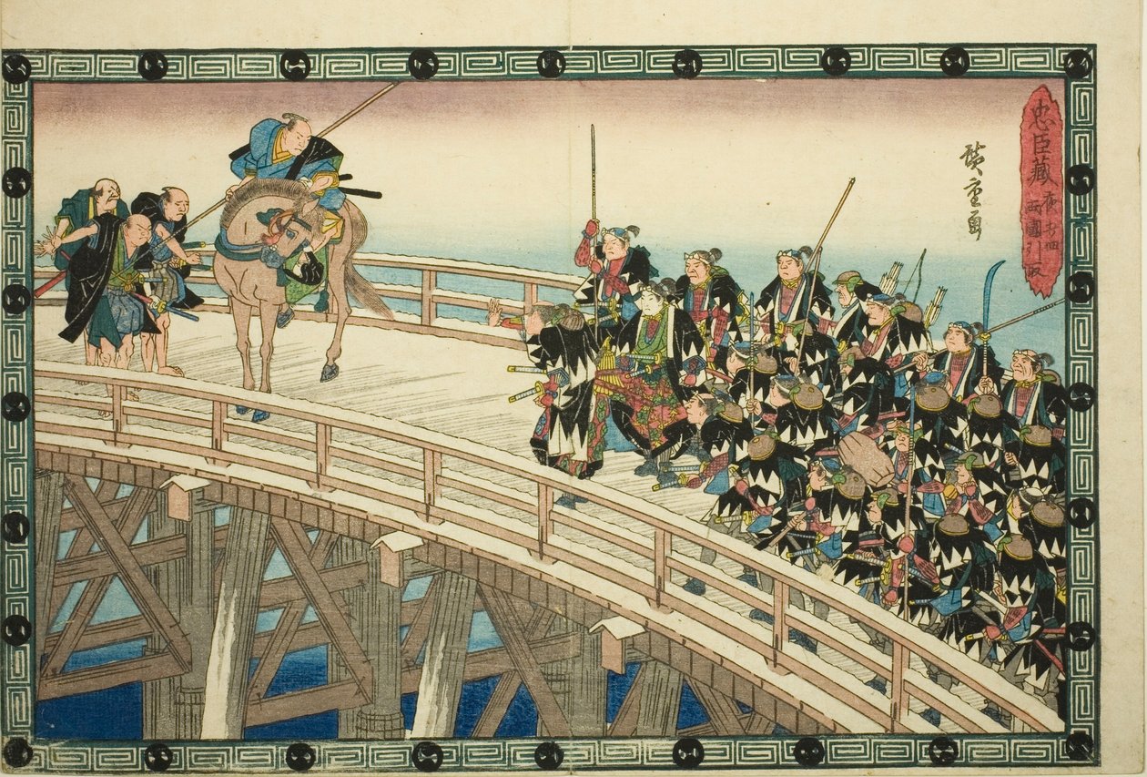 The Night Attack, del 4 [sic; faktisk 5]: The Retreat across Ryogoku Bridge (Youchi yon, Ryogoku hikitori), fra serien "The Revenge of the Loyal Retainers (Chushingura)" av Utagawa Hiroshige