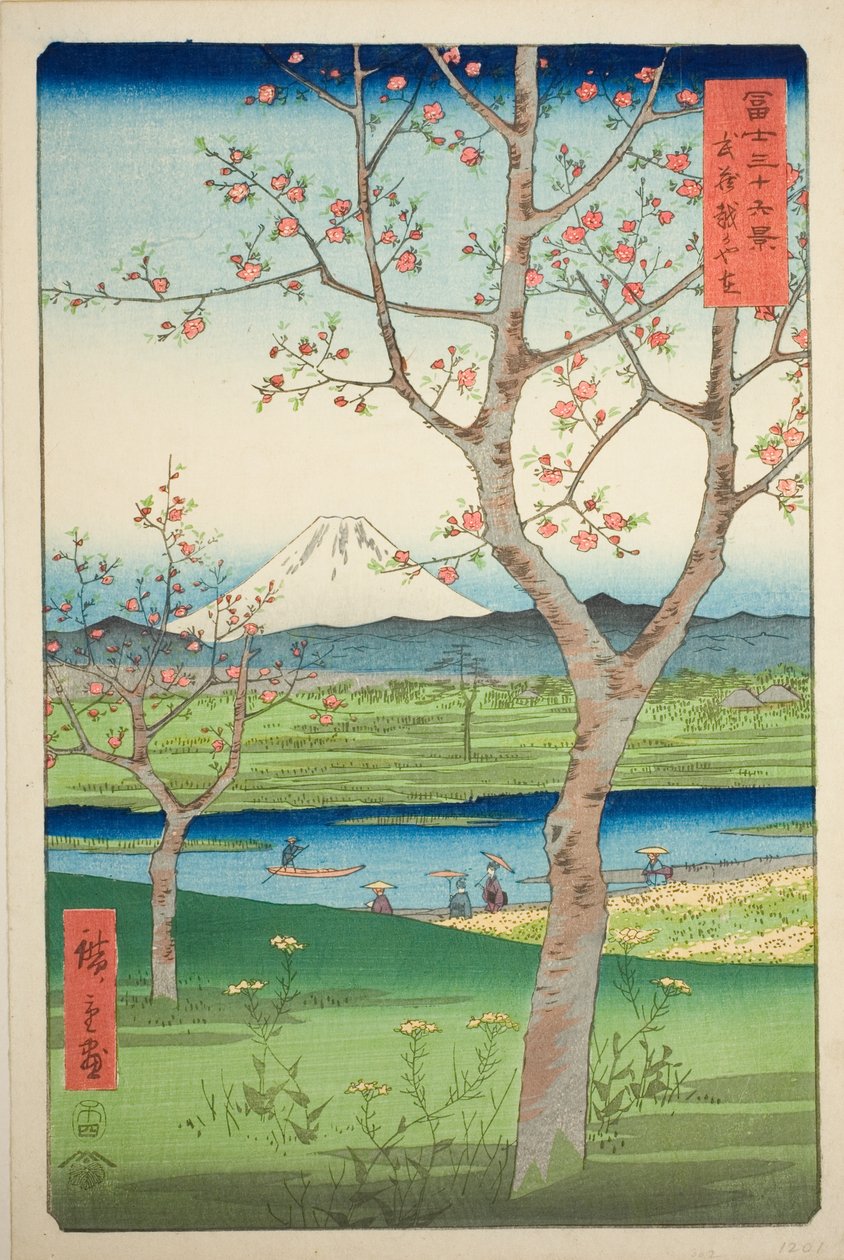 Utkanten av Koshigaya i Musashi-provinsen (Musashi Koshigaya zai), fra serien "Thirty-six Views of Mount Fuji (Fuji sanjurokkei)" av Utagawa Hiroshige
