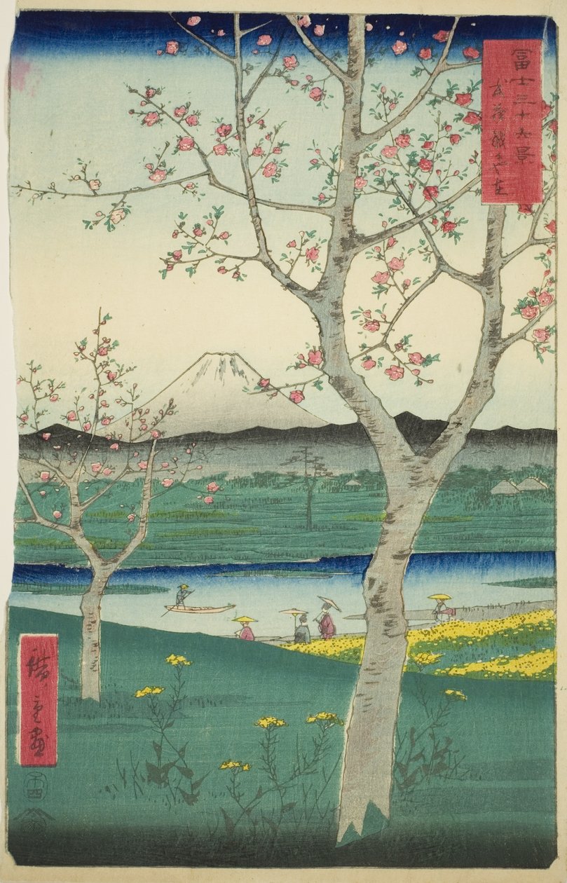 The Outskirts of Koshigaya i Musashi-provinsen (Musashi Koshigaya zai), fra serien "Thirty-six Views of Mount Fuji (Fuji sanjurokkei)" av Utagawa Hiroshige
