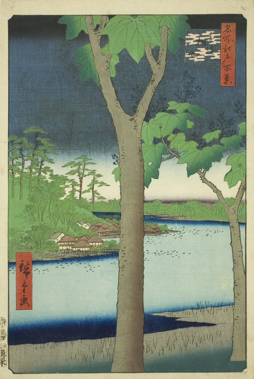 Te Paow nia Grove at Akasaka (Akasaka Kirihata), fra serien "Ridge for dre d Fa net s view ws of Edo (One hundred famous views of Edo)" av Utagawa Hiroshige