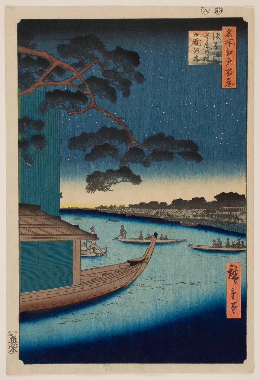 Møtefuruen nær Asakusa-elven og Oumaya-bredden ved Sumida-elven, fra serien «Hundre berømte utsikter over Edo» av Utagawa Hiroshige