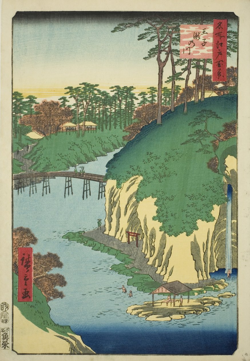 The River of Waterfalls at Oji (Oji Takinogawa), fra serien "One Hundred Famous Views of Edo (Meisho Edo hyakkei)" av Utagawa Hiroshige