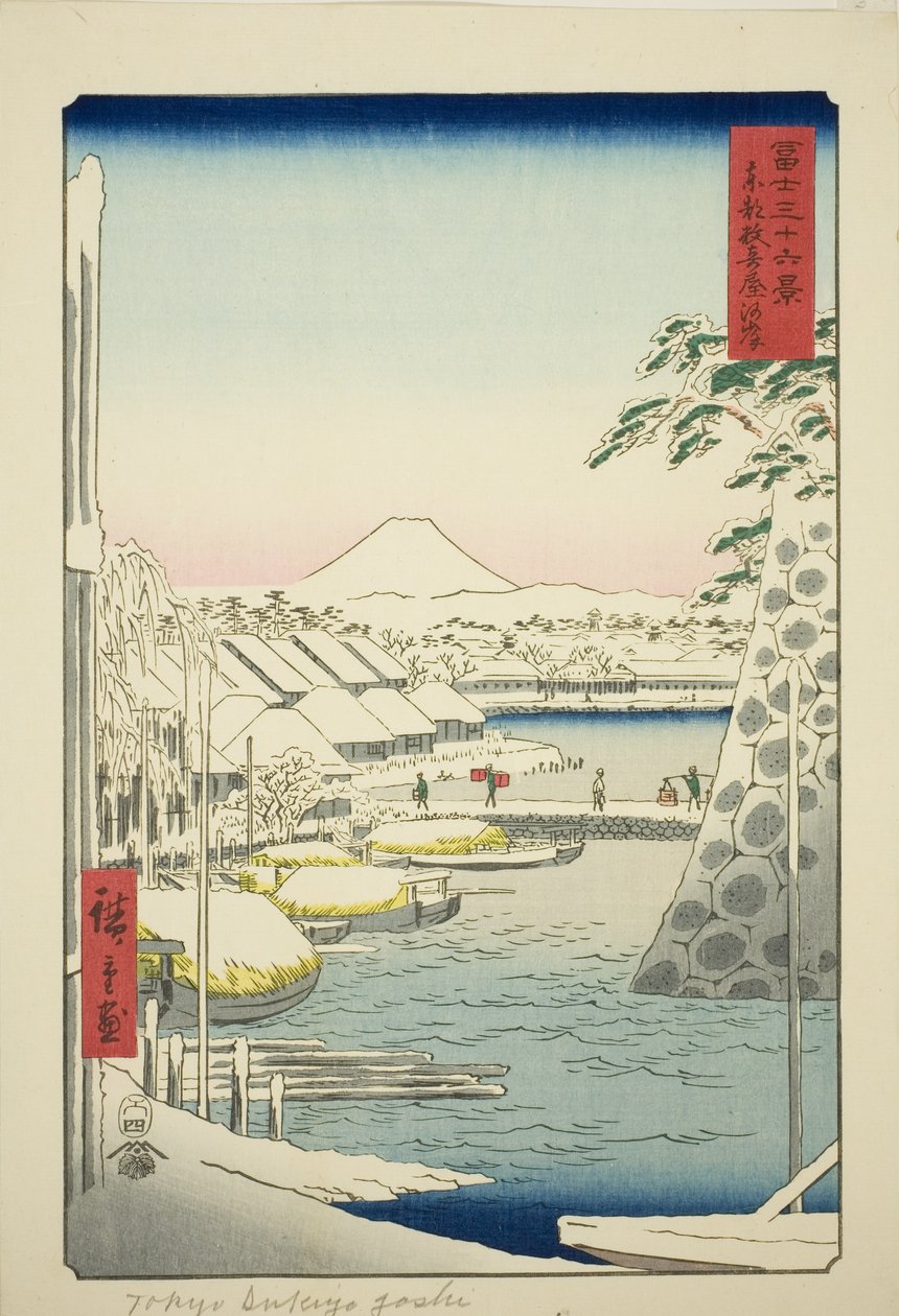 Elvebredden ved Sukiya i den østlige hovedstaden (Toto Sukiyagashi), fra serien "Thirty-six Views of Mount Fuji (Fuji sanjurokkei)" av Utagawa Hiroshige