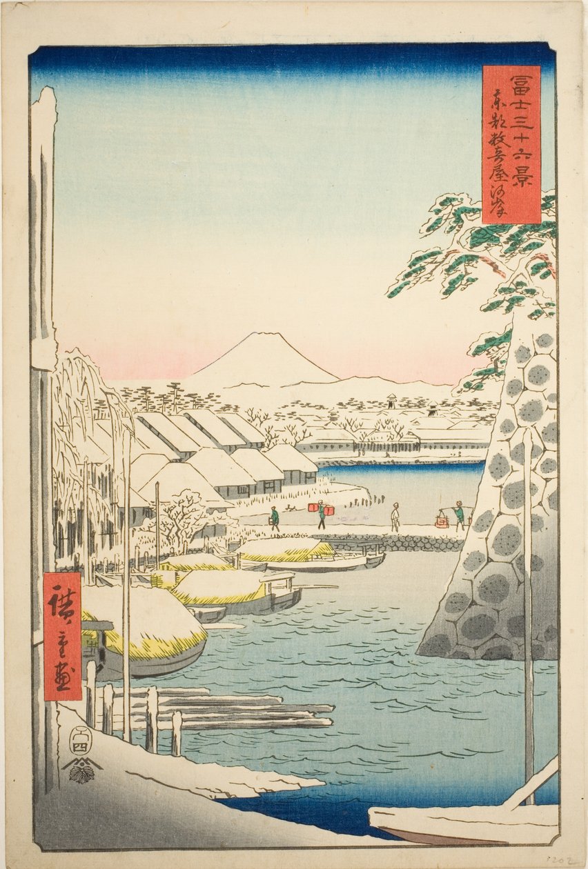 Elvebredden ved Sukiya i den østlige hovedstaden (Toto Sukiyagashi), fra serien "Thirty-six Views of Mount Fuji (Fuji sanjurokkei)" av Utagawa Hiroshige