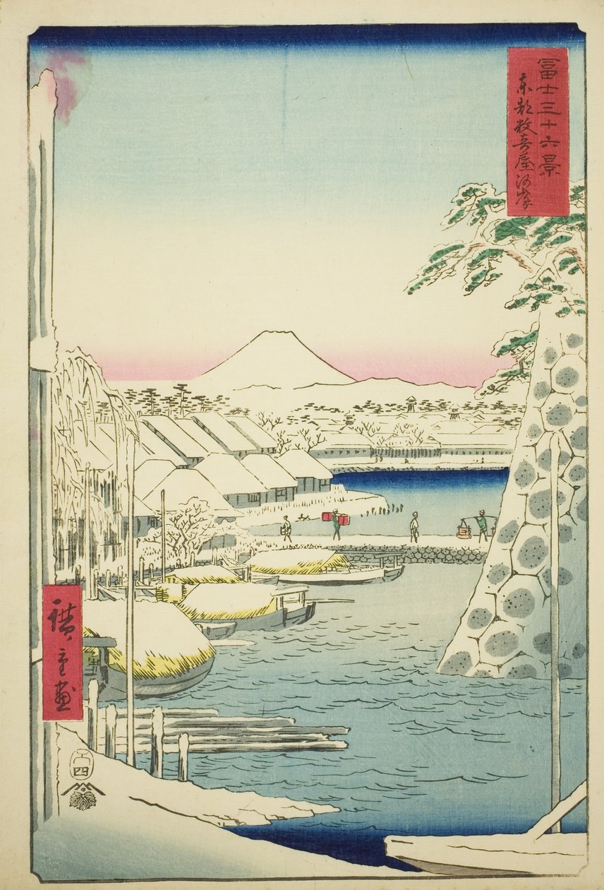 Elvebredden ved Sukiya i den østlige hovedstaden (Toto Sukiyagashi), fra serien "Thirty-six Views of Mount Fuji (Fuji sanjurokkei)" av Utagawa Hiroshige