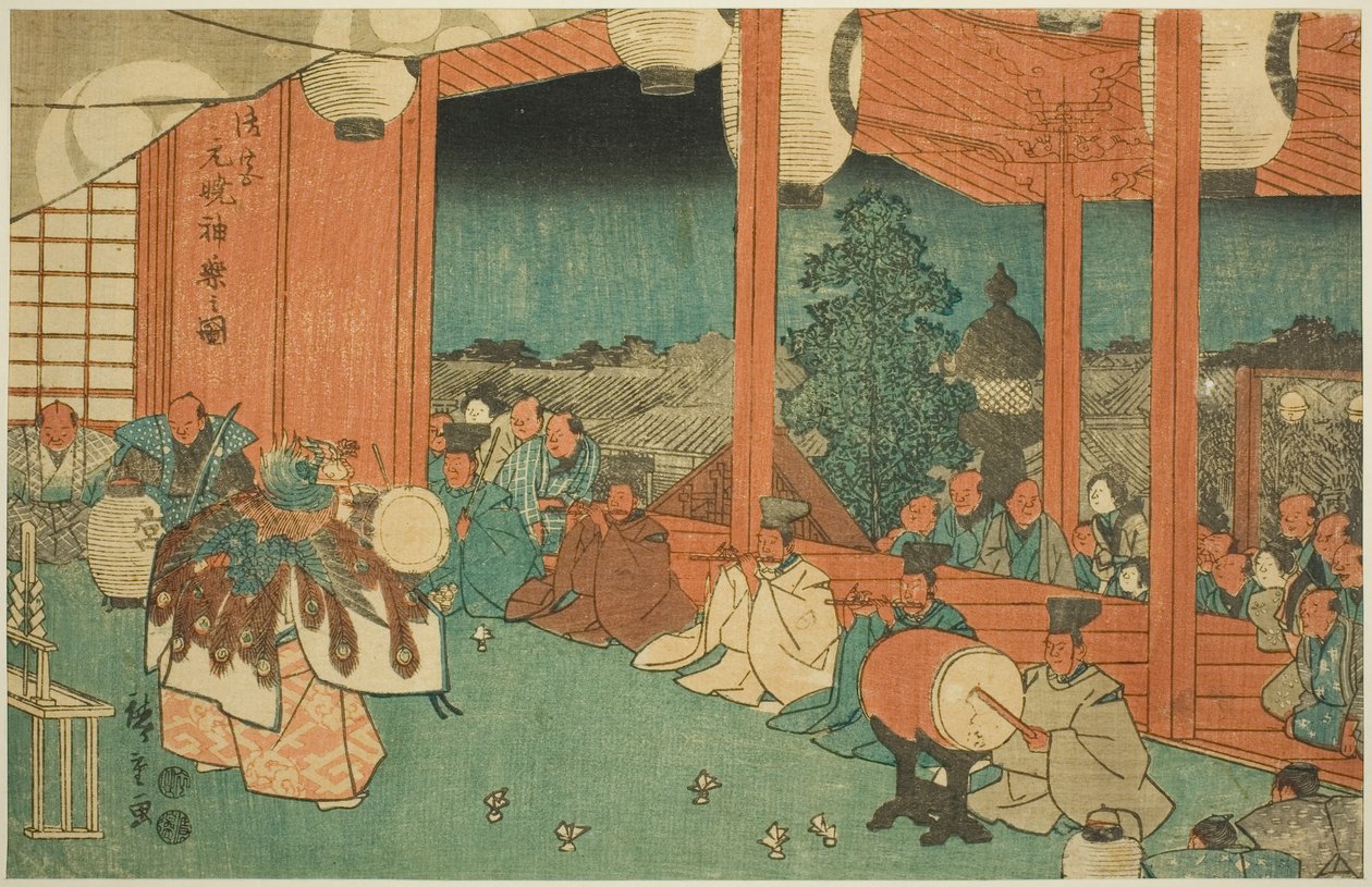 The Sacred Dance at the Shinmei Shrine in Shiba at Dawn (Shiba Shinmei, Omiya gengyo kagura no zu), fra serien "Famous Places in the Eastern Capital (Toto meisho)" av Utagawa Hiroshige