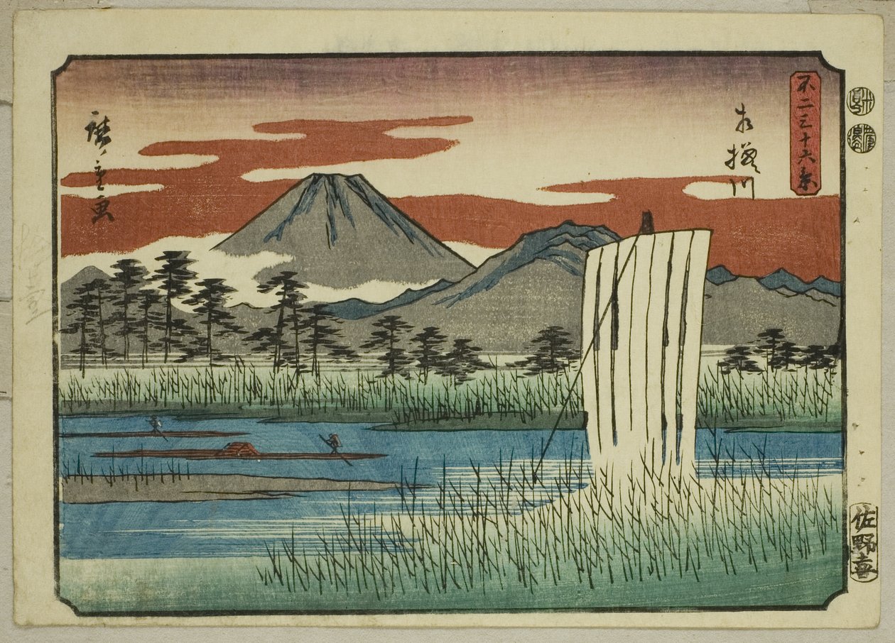 Sagami-elven (Sagamigawa), fra serien "Thirty-six Views of Mount Fuji (Fuji sanjurokkei)" av Utagawa Hiroshige
