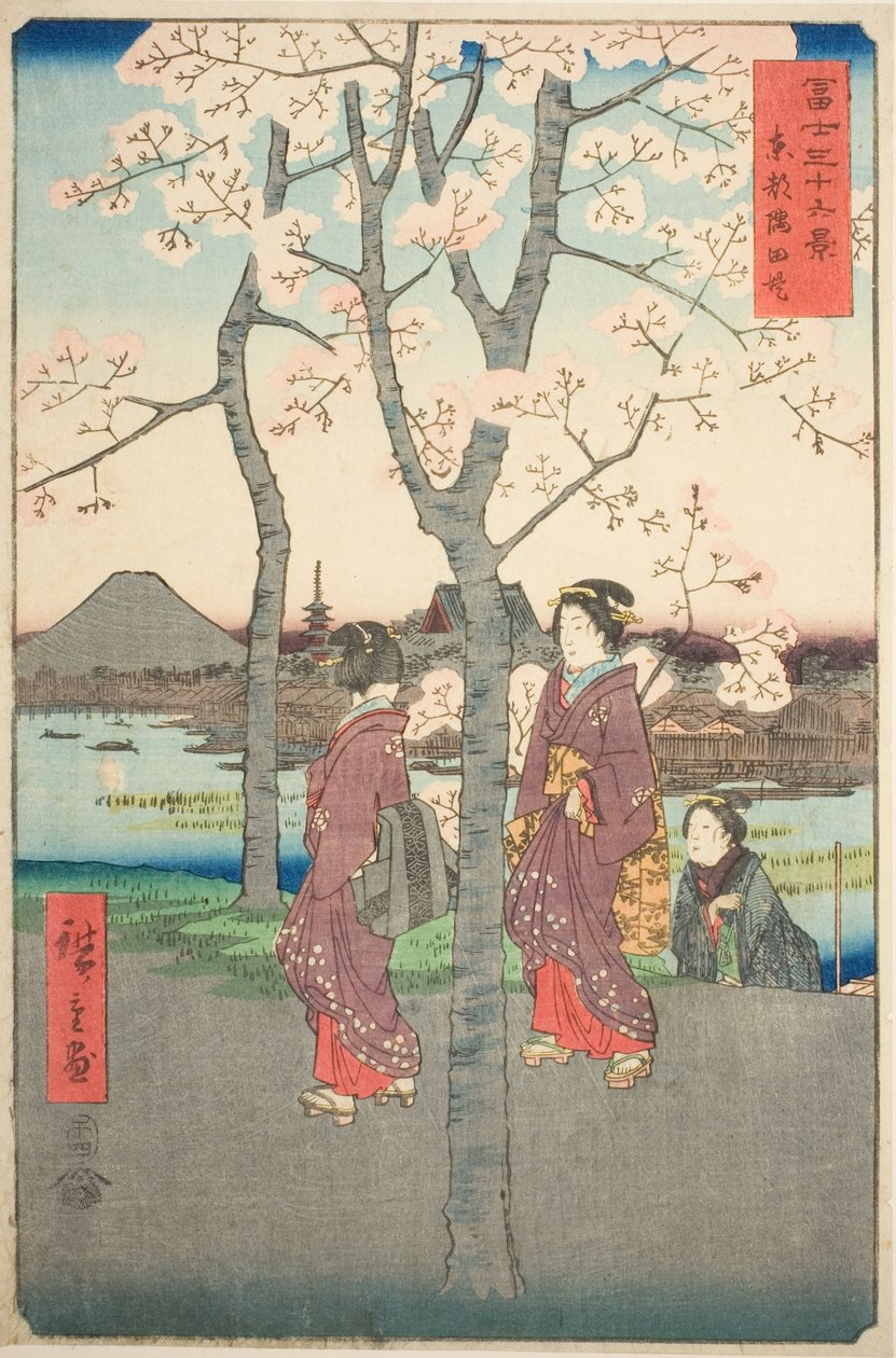 Sumida-vollen i den østlige hovedstaden (Toto Sumida zutsumi), fra serien "Thirty-six Views of Mount Fuji (Fuji sanjurokkei)" av Utagawa Hiroshige