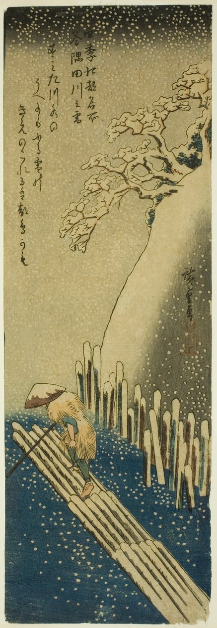 Sumida-elven i vintersnø (Fuyu Sumidagawa no yuki), fra serien "Famous Places in Edo in the Four Seasons (Shiki Koto meisho)" av Utagawa Hiroshige
