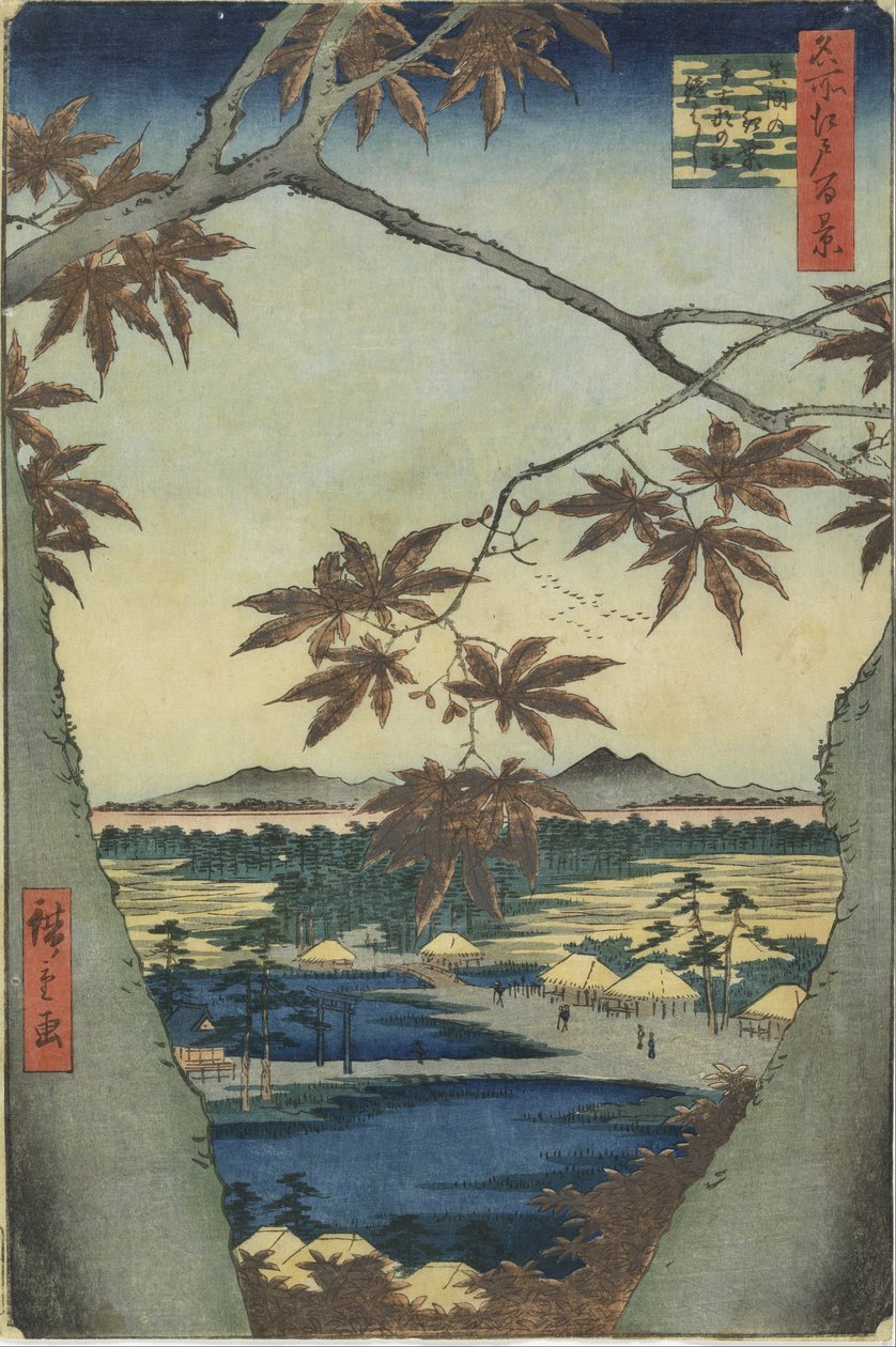 Lønnebladene fra Mama, Tekona-helligdommen og Tsugi-broen av Utagawa Hiroshige