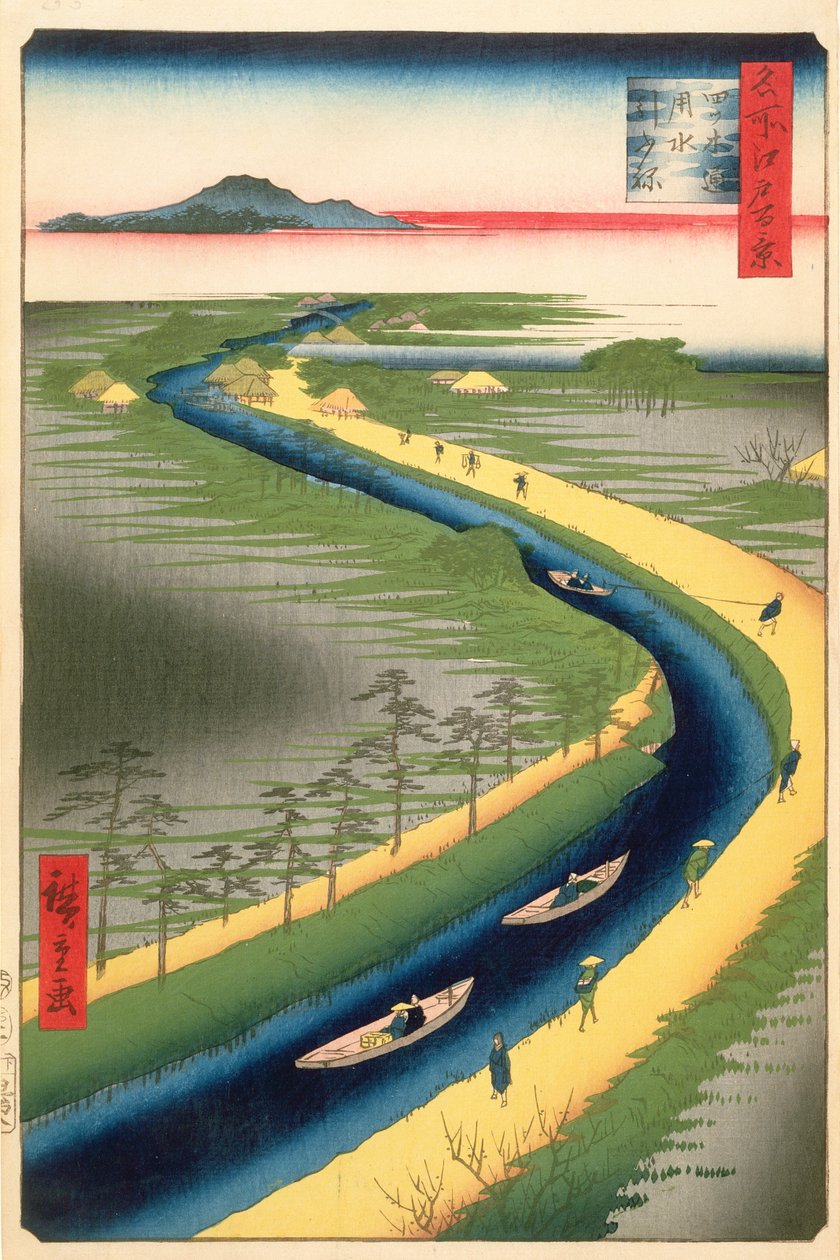 Towboats Langs Yotsugi-dori-kanalen, plate 33 fra serien One Hundred Famous Views of Edo, Edo Period, Ansei Era, 1857 (treblokktrykk) av Utagawa Hiroshige