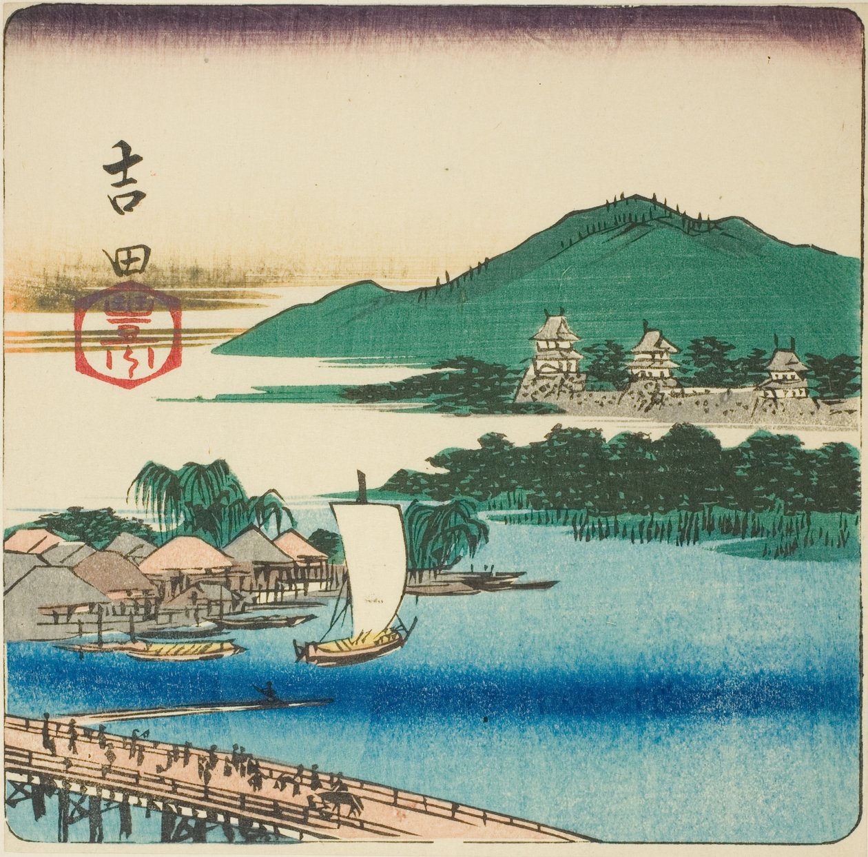 Toyo River ved Yoshida (Yoshida, Toyokawa), del av et ark fra serien "Cutouts of the Fifty-three Stations (Gojusan tsugi harimaze)" av Utagawa Hiroshige