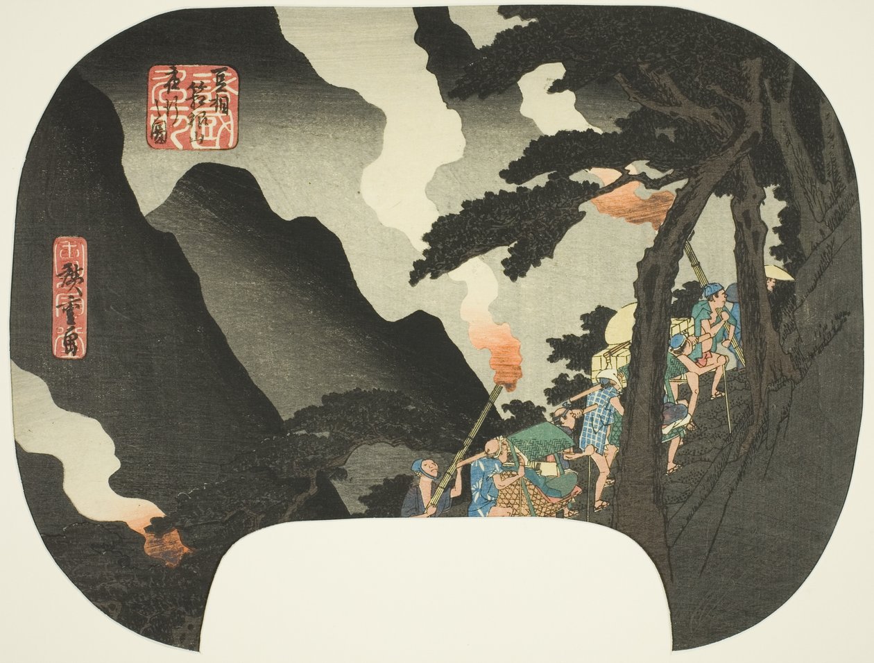 Reiser om natten i Hakone-fjellene på grensen til Izu- og Sagami-provinsene (Zuso Hakone-yama yako no zu), fra serien "Famous Places in the Various Provinces (Shokoku meisho)" av Utagawa Hiroshige