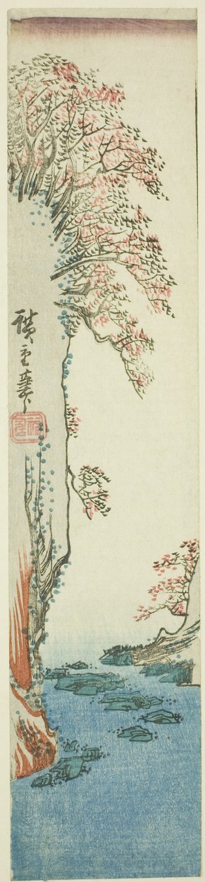 Trær på en klippe over en elv av Utagawa Hiroshige