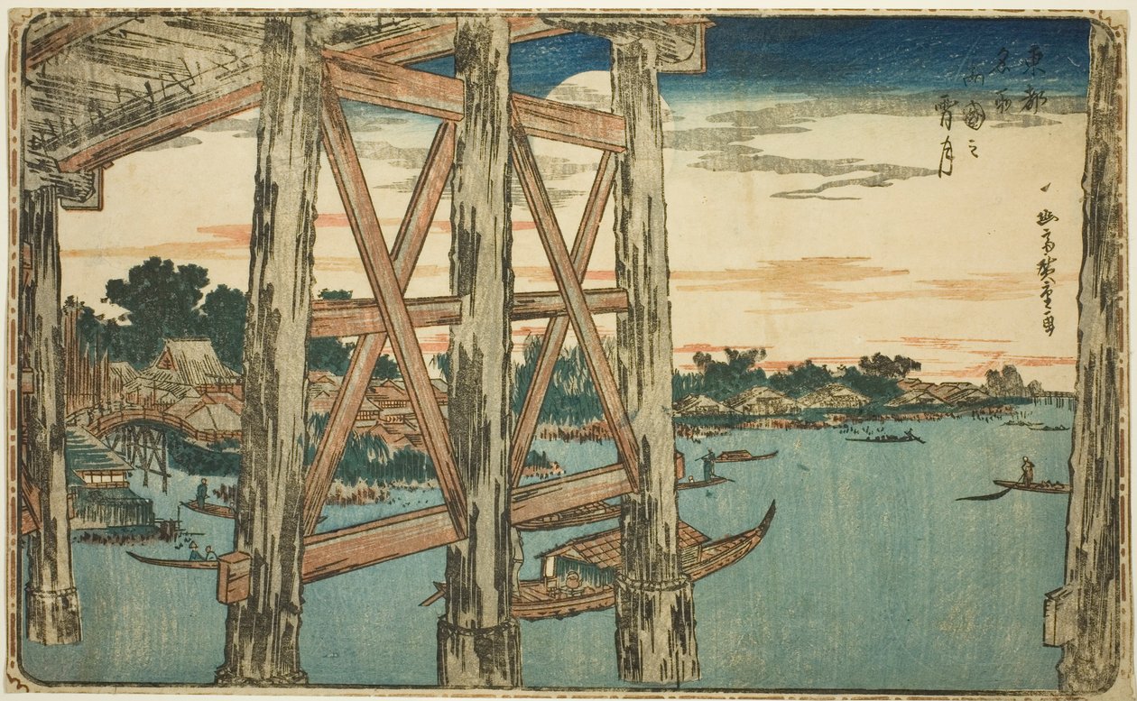 Twilight Moon at the Ryogoku Bridge (Ryogoku no yoizuki), fra serien "Famous Views of the Eastern Capital (Toto Meisho)" av Utagawa Hiroshige