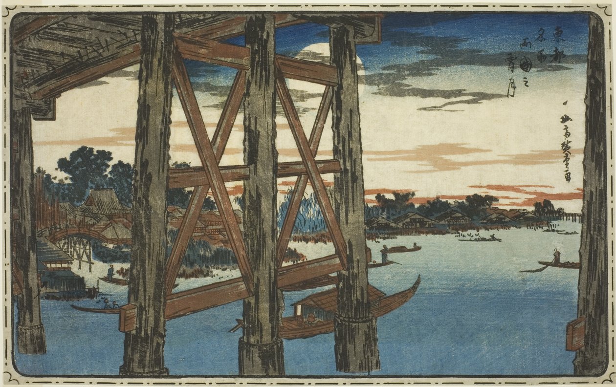Twilight Moon at the Ryogoku Bridge (Ryogoku no yoizuki), fra serien "Famous Views of the Eastern Capital (Toto meisho)" av Utagawa Hiroshige