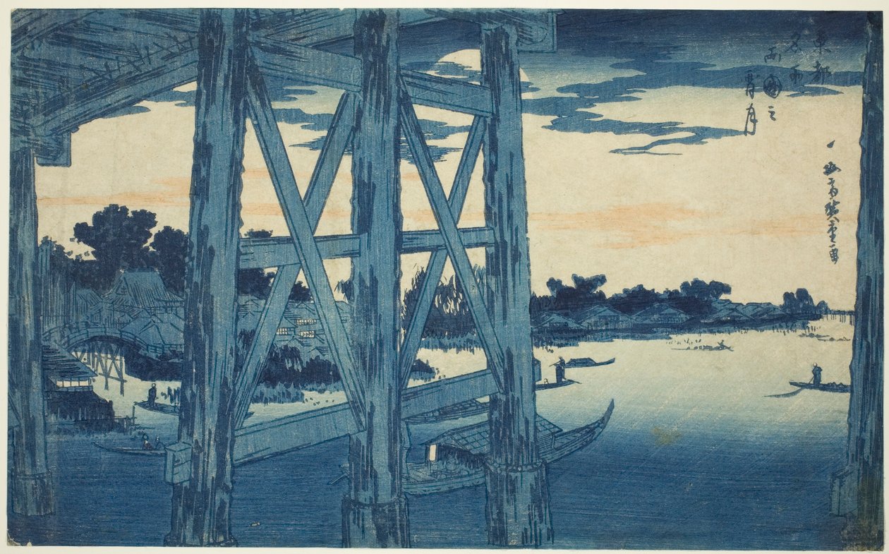 Twilight Moon at the Ryogoku Bridge (Ryogoku no yoizuki), fra serien "Famous Views of the Eastern Capital (Toto meisho)" av Utagawa Hiroshige