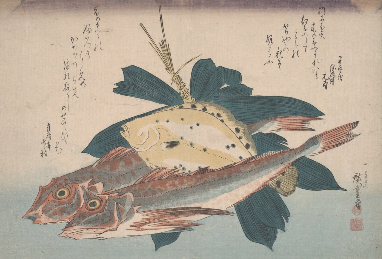 To gunnarder og en flyndre av Utagawa Hiroshige