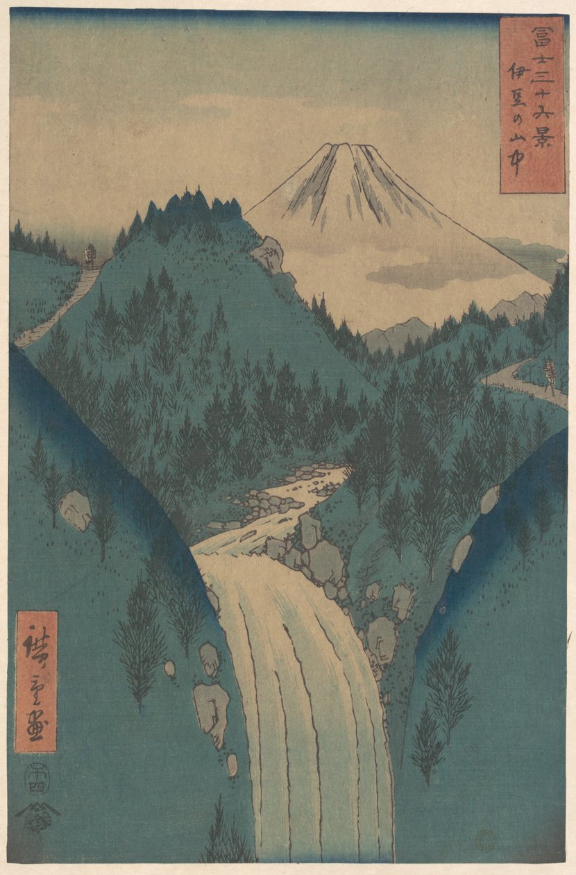 Utsikt over Fuji-san fra fjellene i Izu-provinsen (Izu no Sanchu), fra serien Trettiseks utsikter over Fuji-fjellet (Fugaku sanjūrokkei) av Utagawa Hiroshige