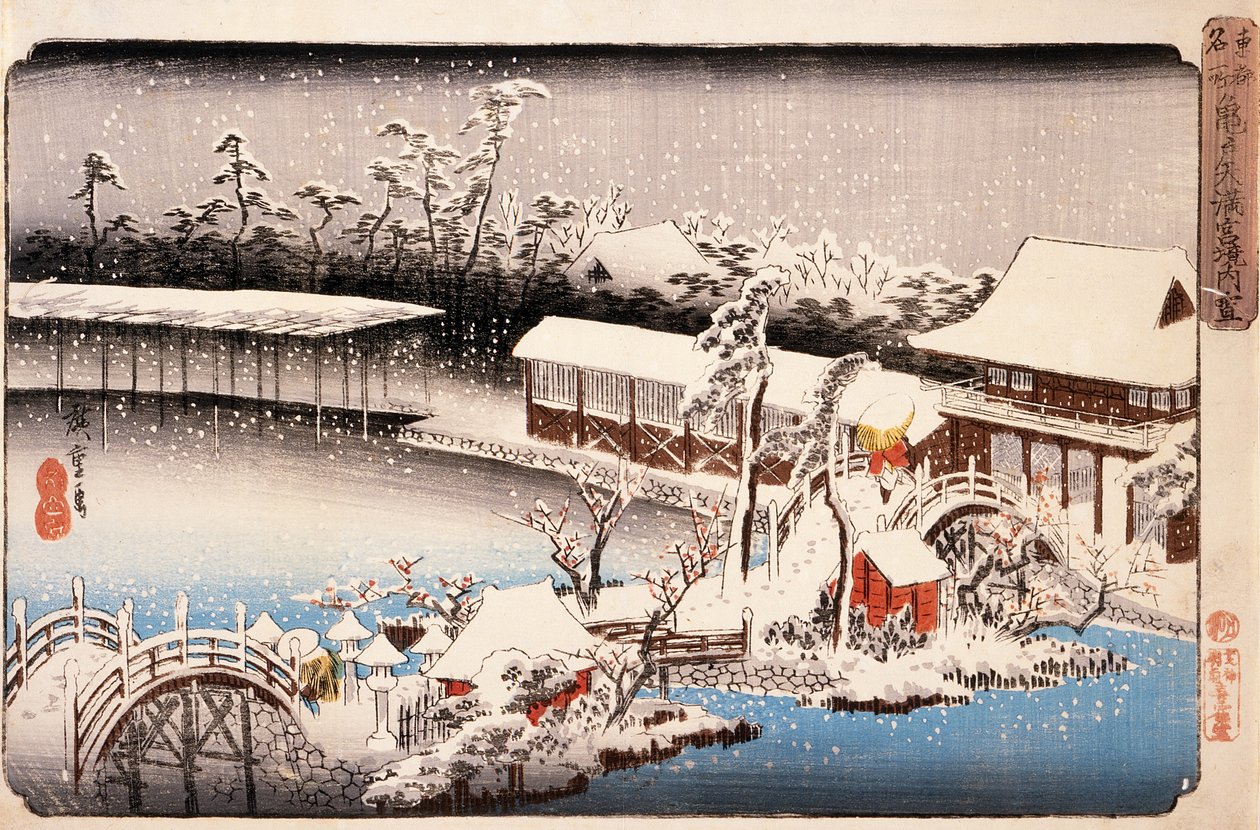 Utsikt over Kameido Tenmangū-helligdommen i snø av Utagawa Hiroshige