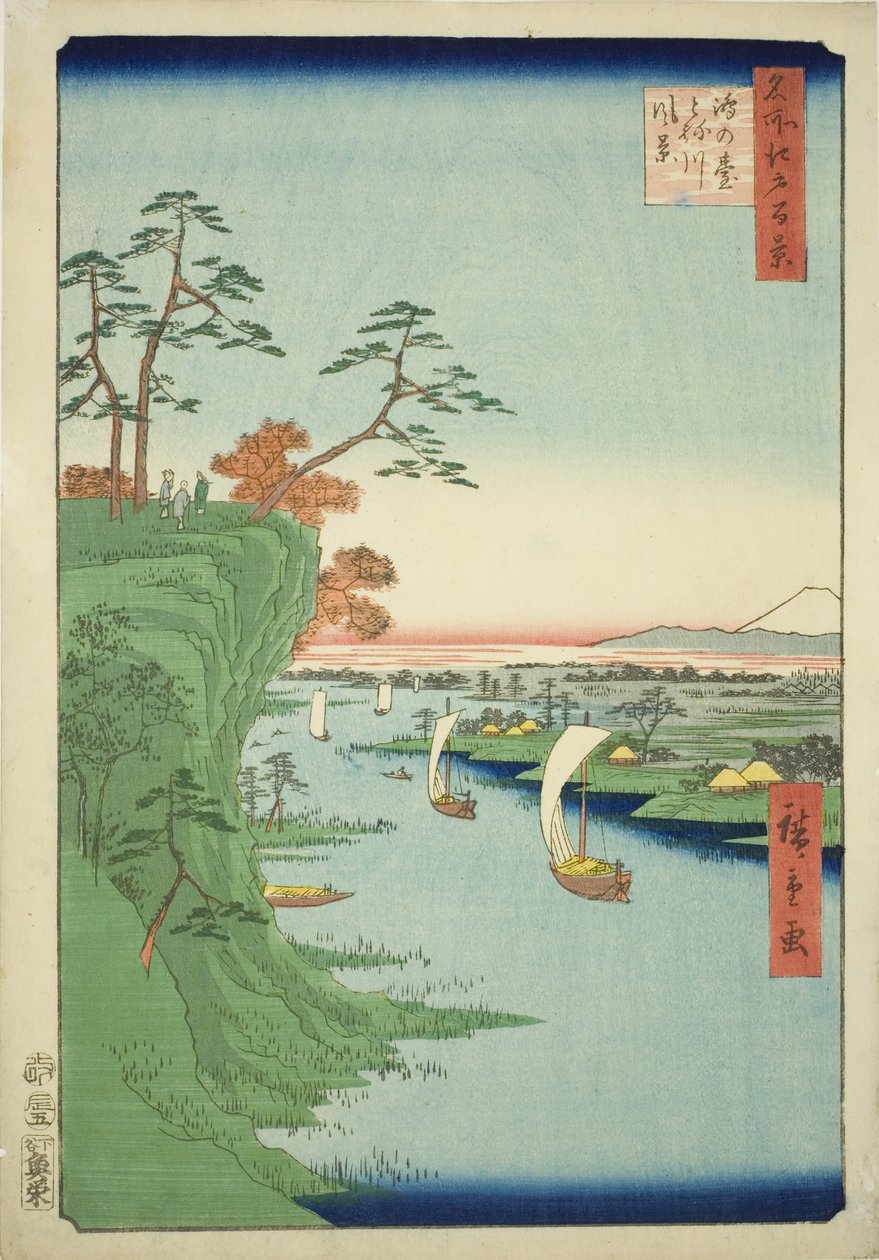 Utsikt over Konodai og Tone-elven (Konodai Tonegawa fukei), fra serien "One Hundred Famous Views of Edo (Meisho Edo hyakkei)" av Utagawa Hiroshige