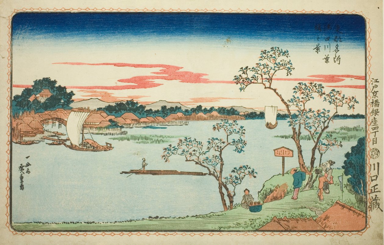 Utsikt over løvrike kirsebærtrær langs Sumida-elven (Sumidagawa hazakura no kei), fra serien "Famous Views of the Eastern Capital (Toto Meisho)" av Utagawa Hiroshige