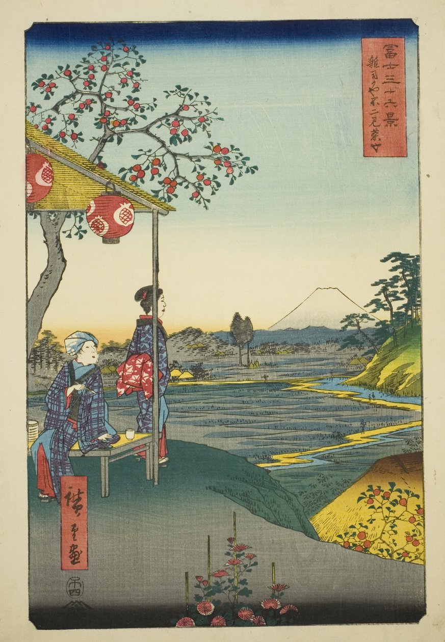 Utsikt over Fuji-fjellet fra et tehus ved Zoshigaya (Zoshigaya Fujimi chaya), fra serien "Thirty-six Views of Mount Fuji (Fuji sanjurokkei)" av Utagawa Hiroshige