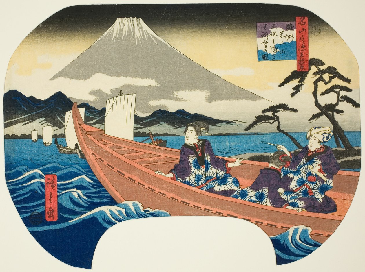 Utsikt over Fuji-fjellet fra over havet ved Miho-bukten i Suruga-provinsen (Sunshu Fujisan Miho no kaijo yori chobo), fra serien "Ti utsikt over kjente fjell i provinsene (Meizan tsukushi shokoku jukkei)" av Utagawa Hiroshige