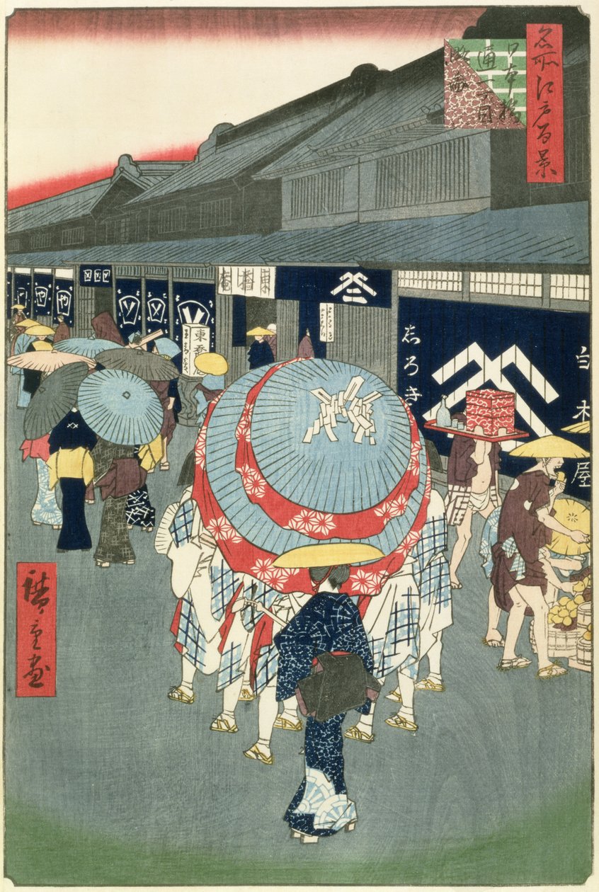 View of Nihonbashi Tori-itchome (Nihonbashi Tori-itchome Ryakuzu), tallerken 44 fra One Hundred Views of Edo (treblokk fargetrykk) av Utagawa Hiroshige
