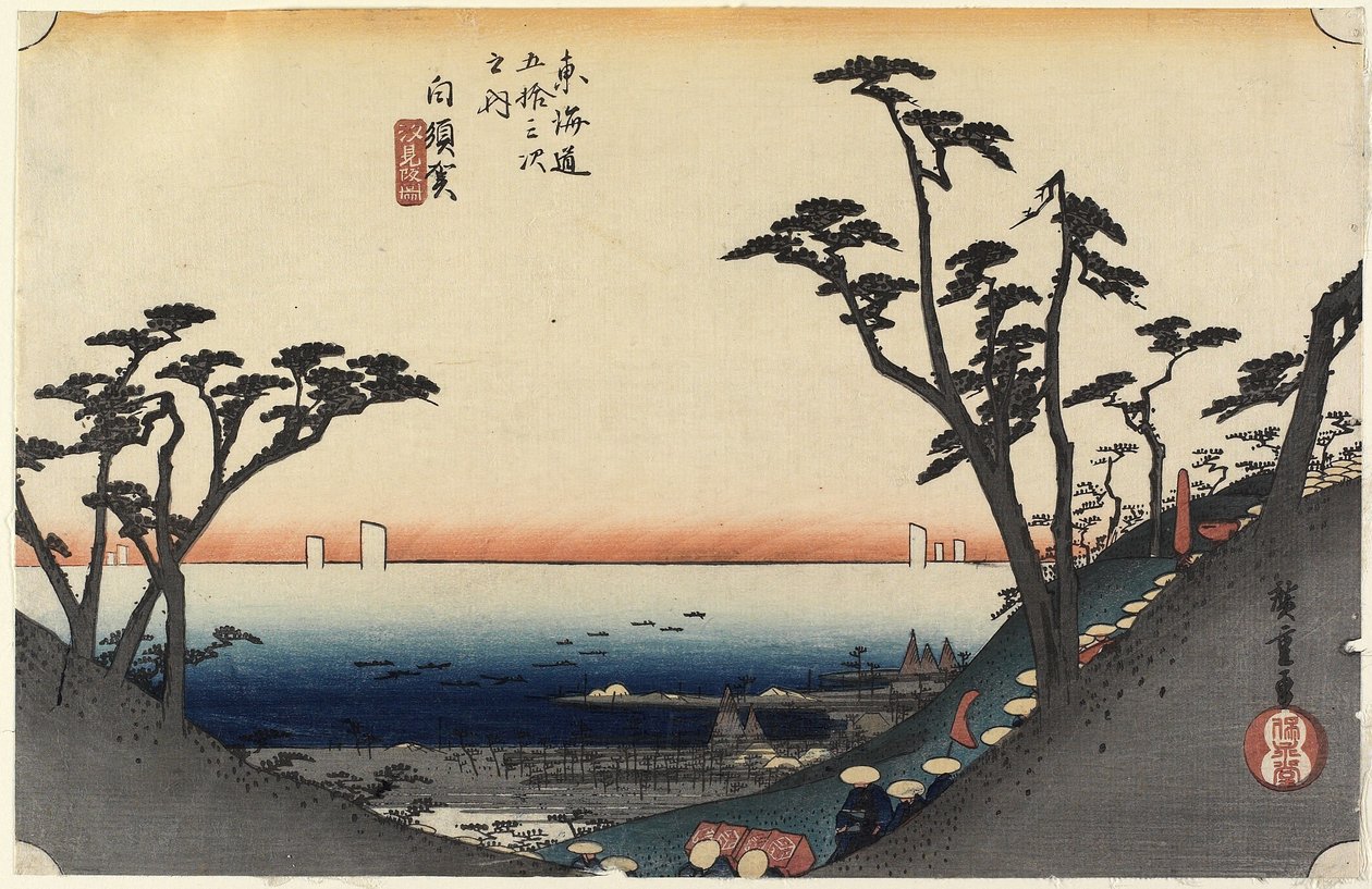 Utsikt over Shiomi-bakken, Shirasuga, ca. 1833 av Utagawa Hiroshige