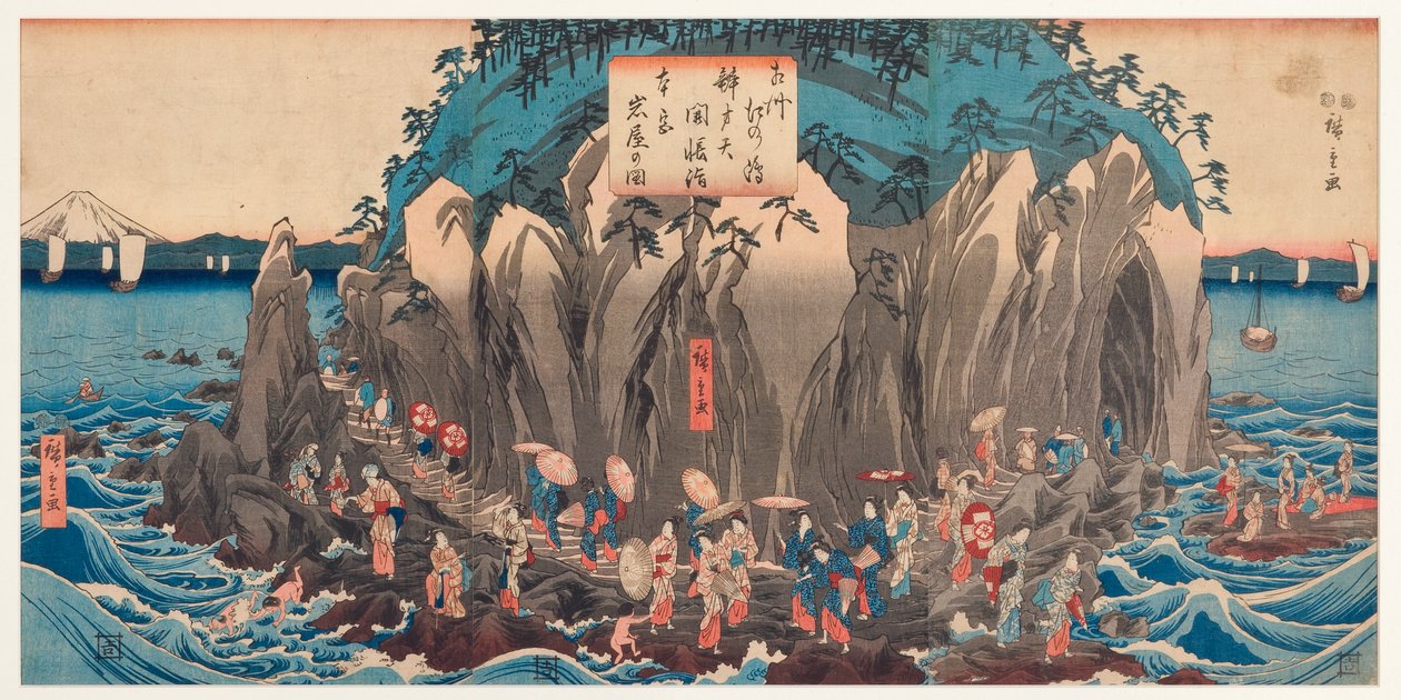 Utsikt over en pilegrimsreise til Benzaitens hule og helligdom ved Enoshima, Sagami, ca. 1850-51 (treblokk) av Utagawa Hiroshige
