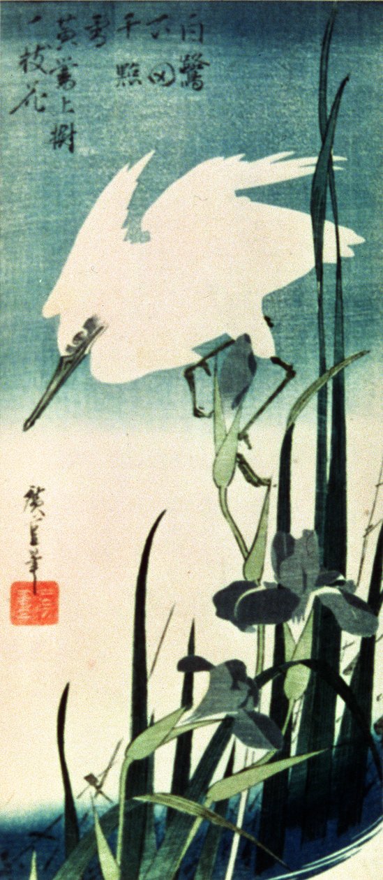 White Heron and Iris (fargetresnitt) av Utagawa Hiroshige