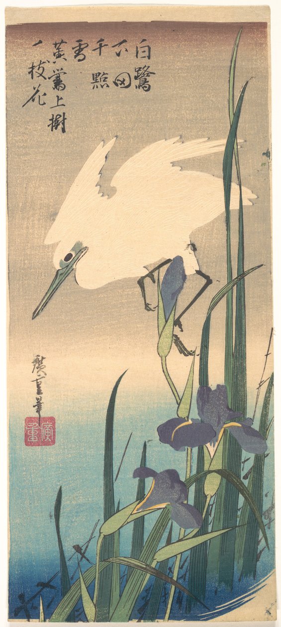 Hvit hegre og iris av Utagawa Hiroshige